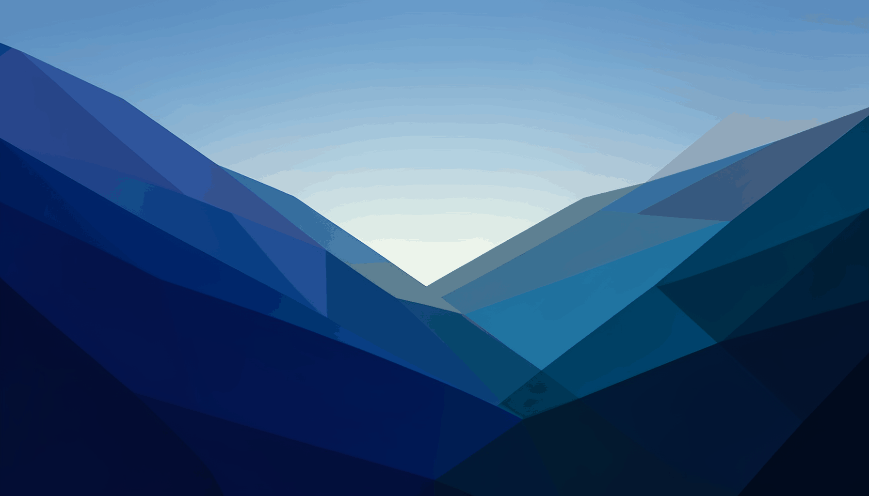 Low-poly faceted geometric landscape with layered triangular planes in deep indigo, teal, and slate gray, converging toward a soft glowing horizon