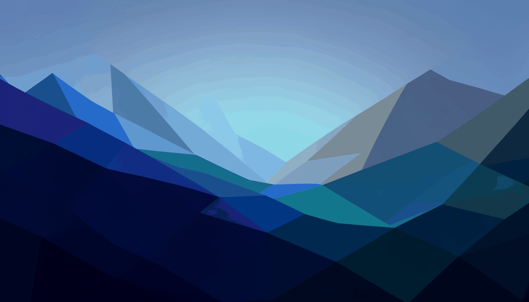 A low-poly faceted geometric landscape with layered triangular planes in deep indigo, teal, and slate gray, converging toward a soft glowing horizon