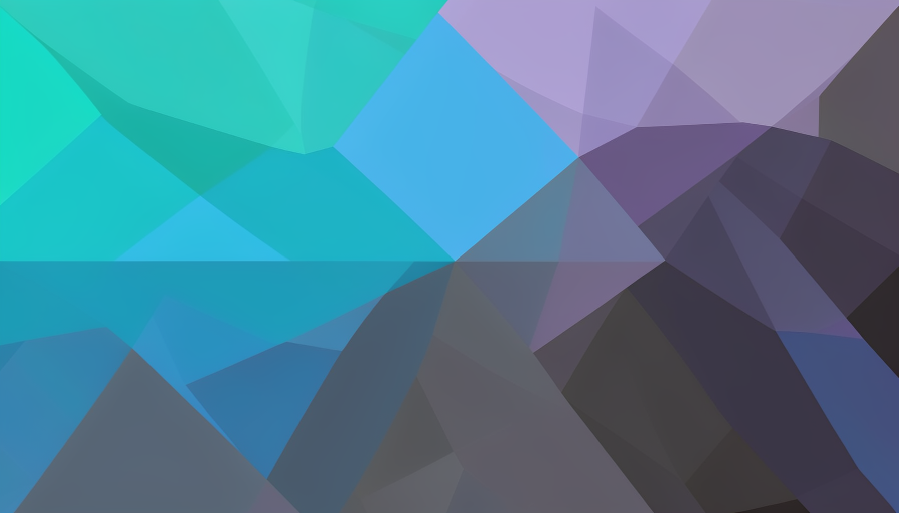 A low-poly faceted geometric composition of overlapping translucent polygons in cool teal, muted lavender, and charcoal gray, arranged in a structured yet organic desktop-like layout