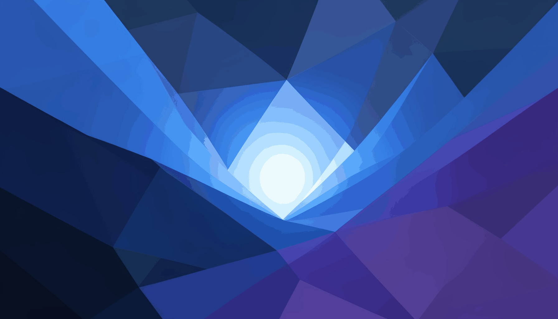 A low-poly faceted geometric landscape with layered angular planes in deep indigo, slate blue, and soft violet, converging toward a bright central glow that suggests a personalized desktop workspace