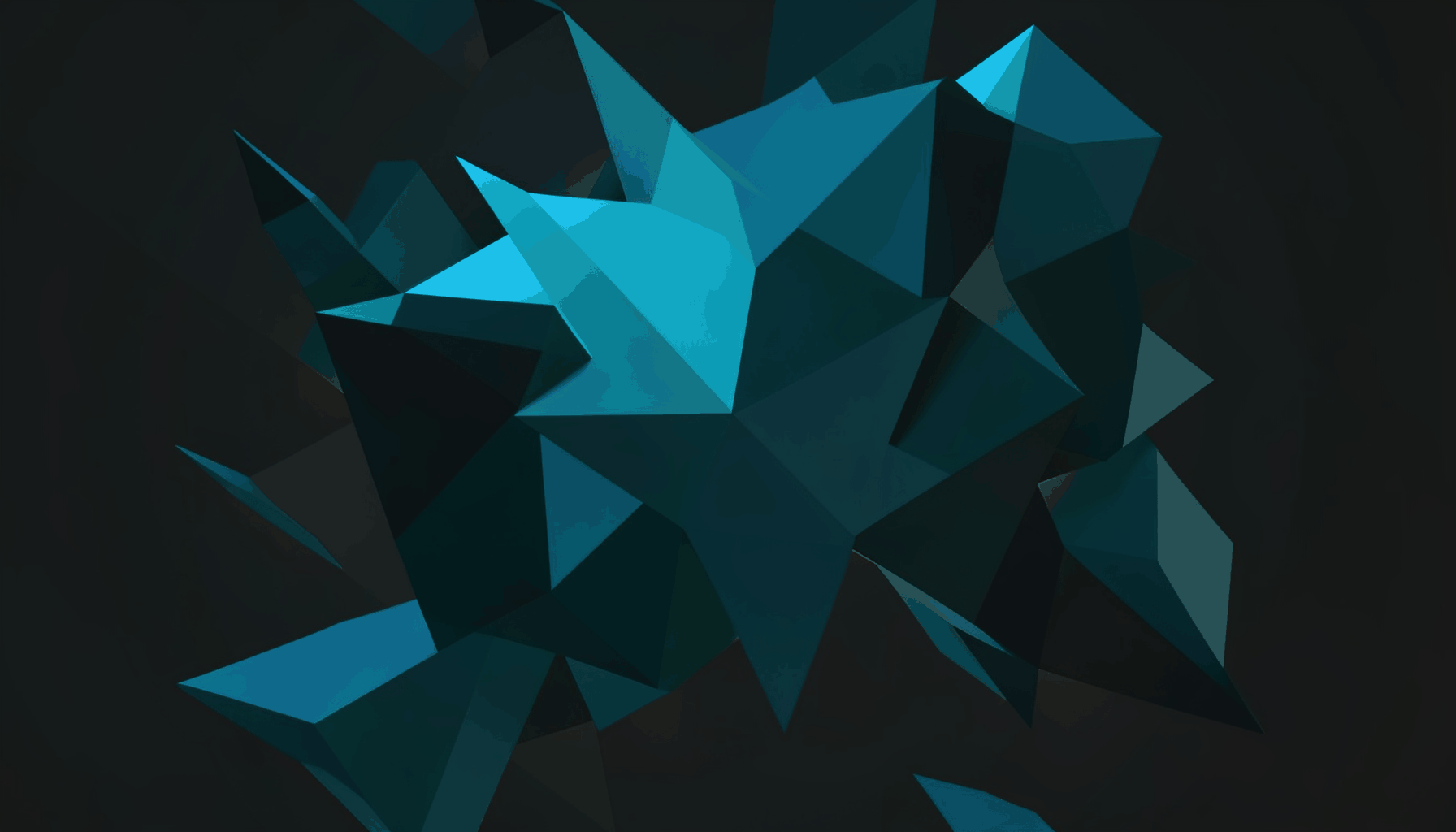 Low-poly faceted abstract composition of floating geometric shards in dark teal and charcoal, soft amber light accents, futuristic mood