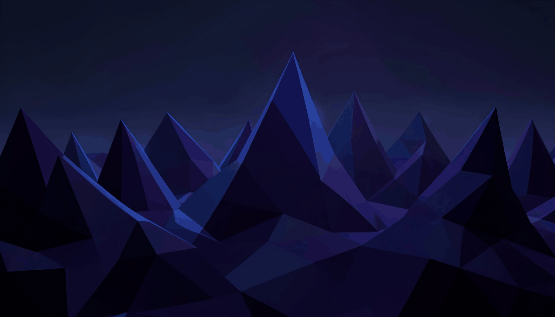 Dark low-poly faceted geometric landscape with angular crystalline peaks in deep indigo and violet tones, subtle neon-blue edge highlights, moody atmospheric glow