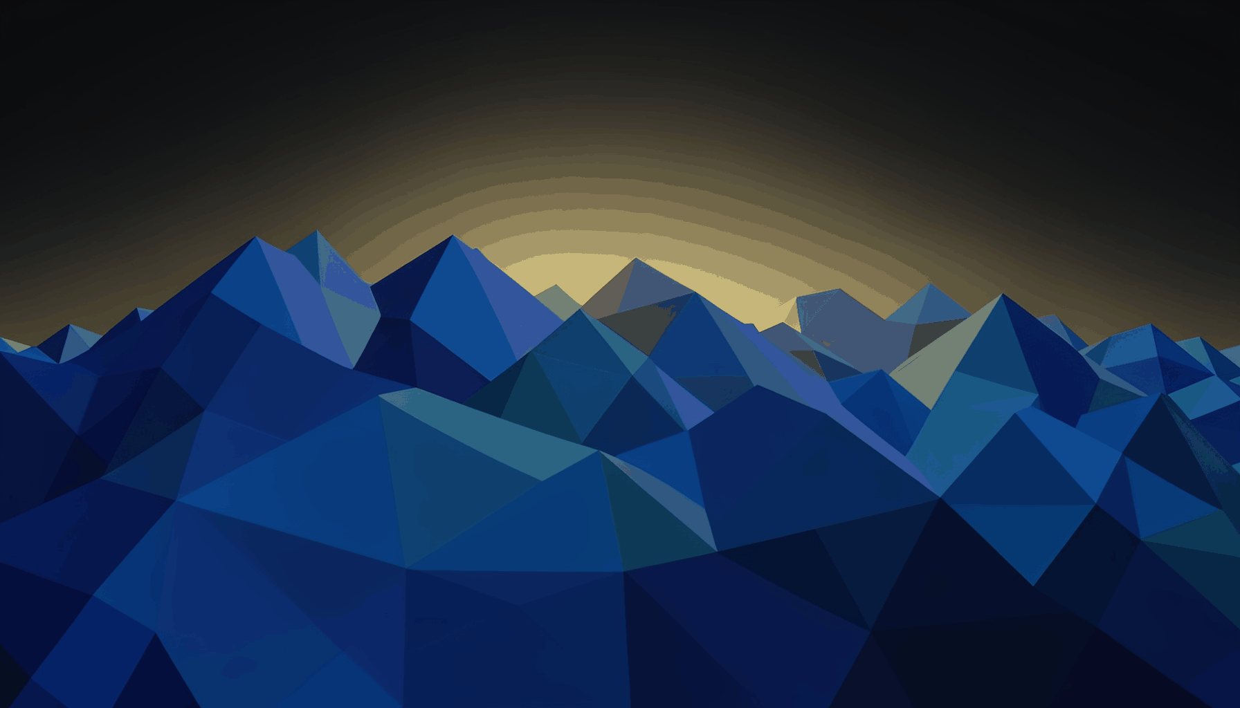 Low-poly faceted geometric landscape with layered angular mountain-like forms in deep indigo, teal, and slate blue, illuminated by a soft golden glow near the horizon against a dark background.