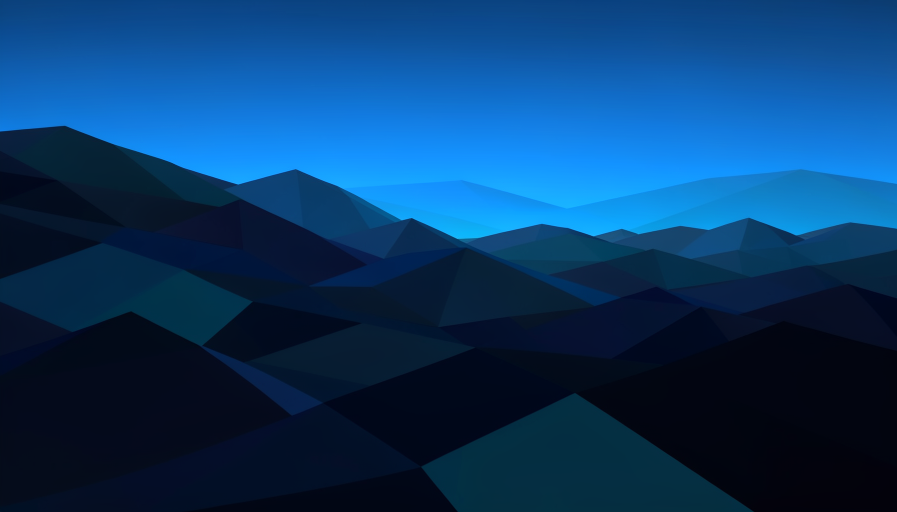 Dark abstract low-poly geometric landscape with layered triangular facets in deep navy, charcoal, and muted teal, illuminated by a soft electric-blue glow near the horizon