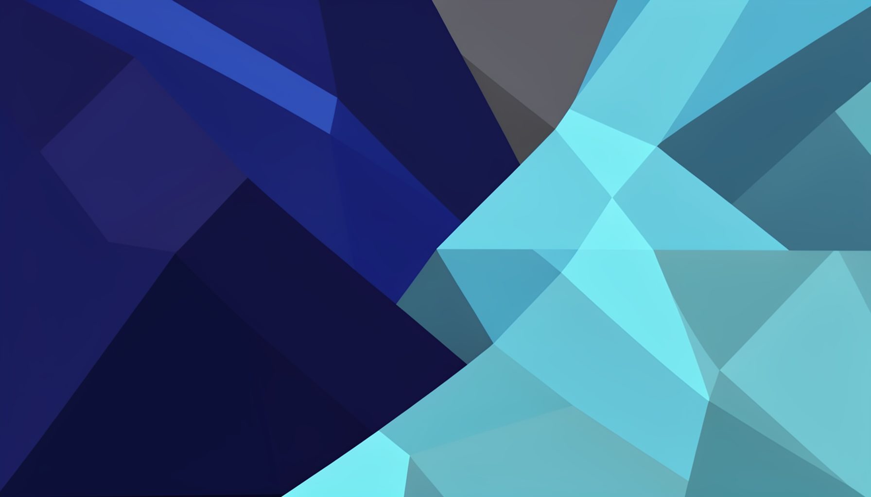 Low-poly faceted abstract composition of overlapping geometric shards in deep indigo, slate grey, and soft cyan, evoking a clean modern desktop aesthetic